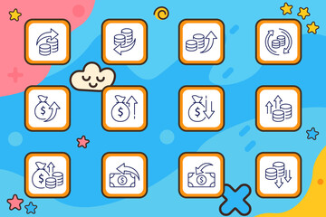 Finance and currency icon. Multiple money-related visuals including stacked coins, cash, upward and downward arrows, exchange loops, and coin bags in simplified outlined design with white background