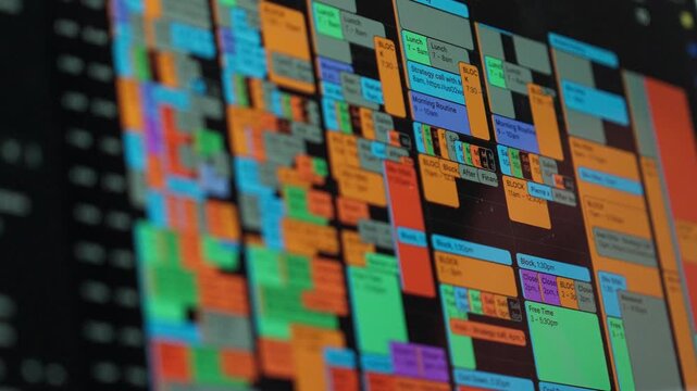 Close-up of a laptop screen showing a packed online calendar filled with appointments and meetings. Perfect for concepts of productivity, busy schedules, time management, or business life.