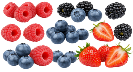 Fresh berries collection raspberries blueberries blackberries strawberries transparent background