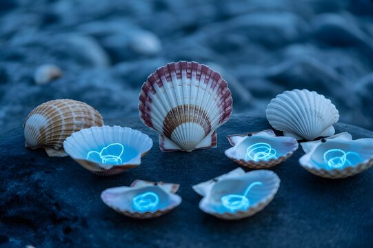 Glowing seashells on a dark beach at dusk
