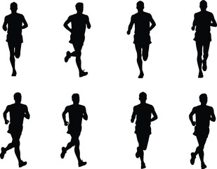 Running silhouette sequence, athletic motion illustration, human stride breakdown, dynamic runner pose, sports biomechanics vector, fitness training concept, movement cycle design
