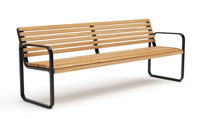 Wooden park bench with metal frame.  Simple, modern design.  Light tan wood slats.  Black metal supports.  Isolated on white background