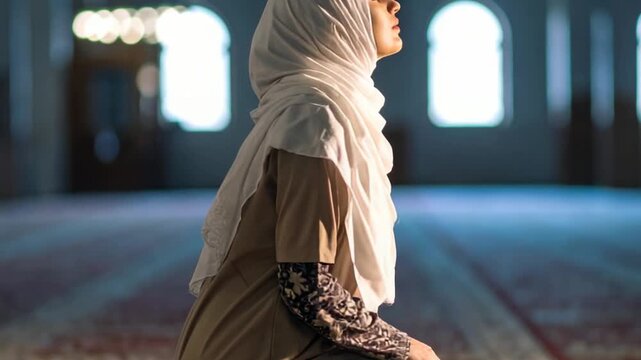 Woman Praying Mosque Interior