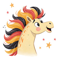 Creative cartoon horse with vibrant orange mane and cheerful expression in a colorful illustration