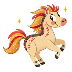 Cute animated horse with orange mane jumping joyfully in a colorful illustration