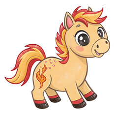 Cute animated horse with orange mane jumping joyfully in a colorful illustration