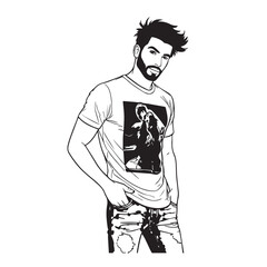 Handsome Man Black and White Illustration Vector Image Male Portrait Fashion Sketch Line Art Design