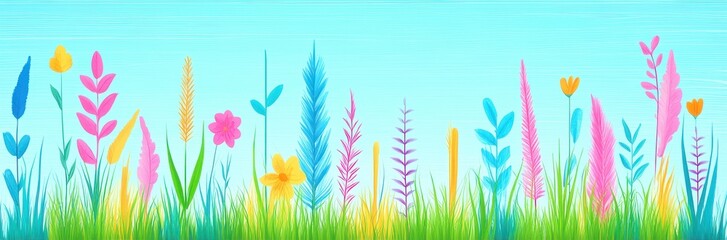 Obraz premium Colorful floral meadow abstract illustration art. Vibrant flowers fill the grass, petals and leaves in nature. Spring landscape with botanical pattern, cheerful design, creative background,