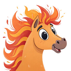 Creative cartoon horse with vibrant orange mane and cheerful expression in a colorful illustration