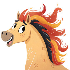 Creative cartoon horse with vibrant orange mane and cheerful expression in a colorful illustration