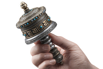 Handheld prayer wheel, intricate design.  A small, ornate prayer wheel is held in a hand.  The wheel has a circular metal body, with engraved script running around it.  