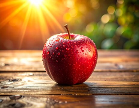 A fresh red apple with water droplets on a rustic wooden table, bathed in warm sunlight with a blurred green background.