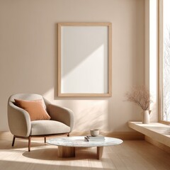 Beige room with framed art, armchair, and coffee table