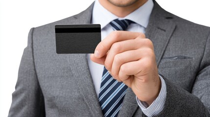 A professional man in a business suit holds a black card, symbolizing an elite membership or service. The setting is formal, highlighting a modern business environment.