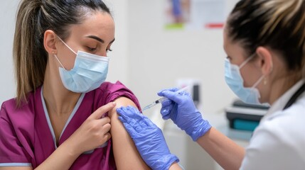 A nurse administers a vaccine to a patient in a medical setting, emphasizing the importance of vaccination in healthcare and public safety.