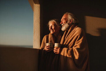 elderly couple enjoys hot chocolate on their balcony basking in warmth of evening light