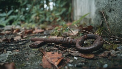 Rusty key on mossy ground amidst autumn leaves