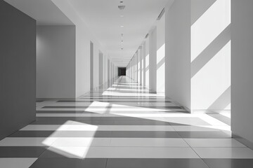 Empty, sunlit corridor with striped floor