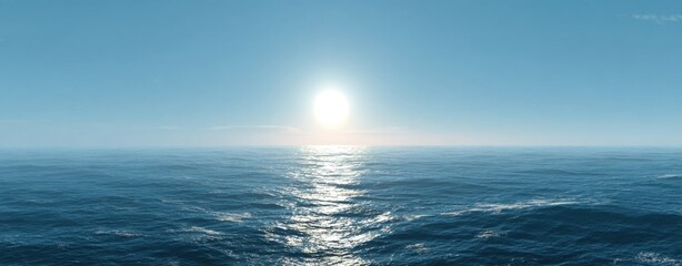 Fototapeta premium Bright sun shining over the vast ocean with rippling water creating a dazzling reflection