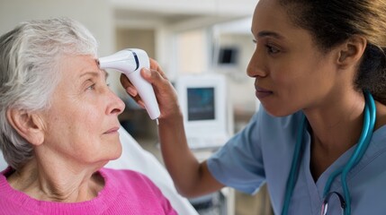 A healthcare professional taking the temperature of an elderly patient in a medical setting, showcasing compassion and care in patient treatment. Essential for maintaining health.