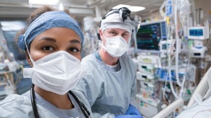 This image captures healthcare professionals wearing masks and scrubs, working diligently in a hospital setting, showcasing teamwork and dedication in patient care.