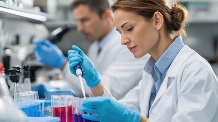 A female scientist in a laboratory meticulously conducting experiments with test tubes filled with various colorful liquids, showcasing innovation and dedication in the field of re