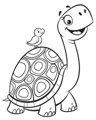 An adorable cartoon turtle with a friendly bird perched on its shell, a charming illustration perfect for a children's coloring book page, encouraging creativity and imaginative play