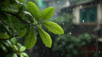 Raindrops adorning verdant leaves in a serene outdoor setting during rainfall