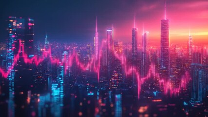 Neon cityscape with a vibrant pink waveform overlay, dusk sky backdrop - Powered by Adobe