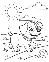 Adorable puppy playing happily in the sunny outdoors, a delightful coloring book page for children to enjoy creative art activities and learn about animals through artistic expression