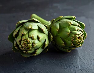 Fototapeta premium Fresh Artichokes on Dark Surface