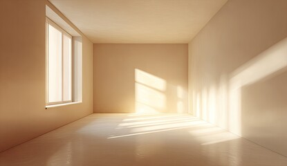 Fototapeta premium Empty, sunlit room with a window. Beige walls, floor, and window frame. Sunlight casts shadows across the space. A minimalist, contemporary interior