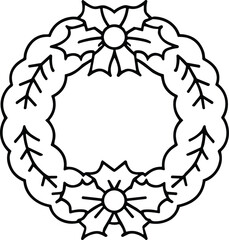 Christmas Wreath Line Art with Holly and Bow - Festive Holiday Vector