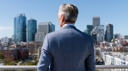 A businessman in a suit stands on a rooftop, overlooking a bustling city skyline on a clear day, symbolizing success, ambition, and the corporate lifestyle.