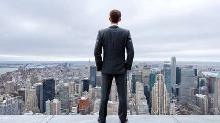 Fototapeta premium A confident businessman stands on a rooftop overlooking a dynamic city skyline, symbolizing ambition and success in the corporate world amid a cloudy sky.