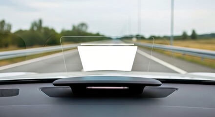 Heads-Up Display in Motion: A clear, modern heads-up display (HUD) showing relevant information in a sleek, futuristic car interior with highway ahead.
