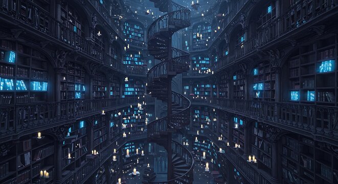A vast, spiraling library with countless bookshelves and glowing runes.