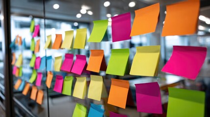 A vibrant collection of colorful sticky notes arranged on a glass wall in an office setting, symbolizing creativity, ideas, and teamwork in a modern work environment.