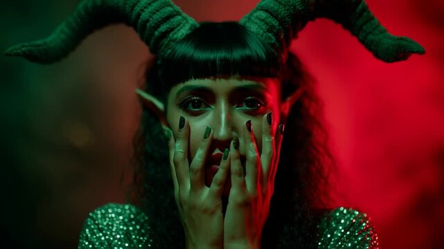 Woman with horns pointed ears in dramatic lighting