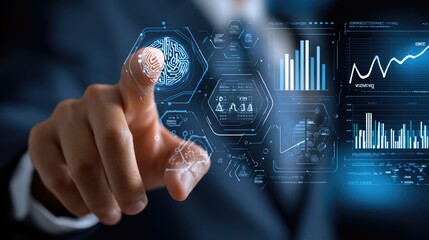 A businessman interacts with a futuristic digital interface, showcasing graphs and data visualizations