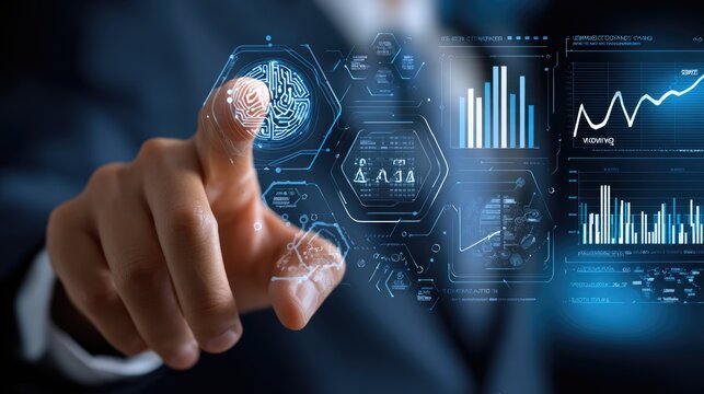 A businessman interacts with a futuristic digital interface, showcasing graphs and data visualizations - Powered by Adobe