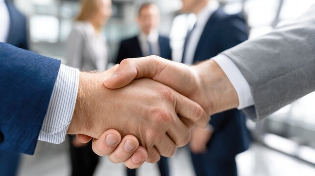 Close-up of two business professionals shaking hands in a modern office setting, symbolizing partnership and collaboration in the corporate world, with colleagues in the background