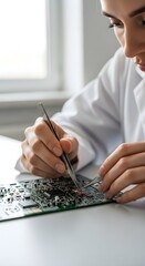 Focused female technician meticulously repairs a circuit board using precision tweezers.