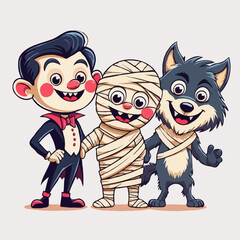 Fototapeta premium halloween cartoon characters, vampire, mummy, werewolf, cute monster illustration, spooky but fun, vector art