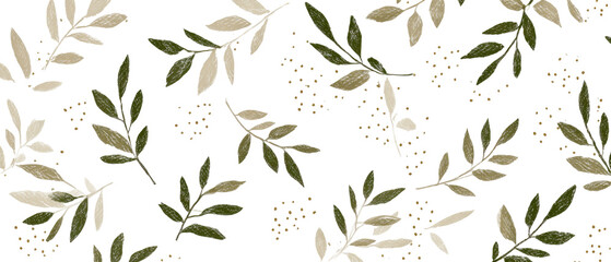 Repeating pattern of light beige/gray and dark olive-green leaves and brown/gold seed-like clusters on a black background