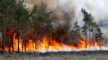 Fototapeta premium A dramatic scene of forest fire engulfing trees and creating thick smoke, highlighting the devastating impact of wildfires on nature and the urgency for environmental conservation.