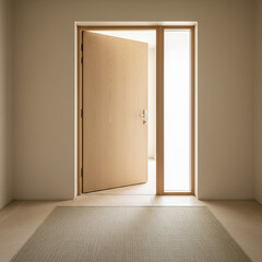 Minimalist entryway with pivot wooden door and soft daylight 
