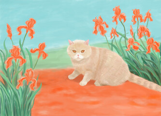 hand drawn yellow cat in the garden with orange iris flowers