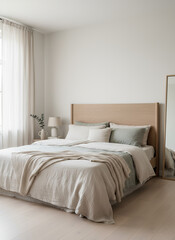 Fototapeta premium Scandinavian bedroom with wooden headboard linen bedding and soft daylight 