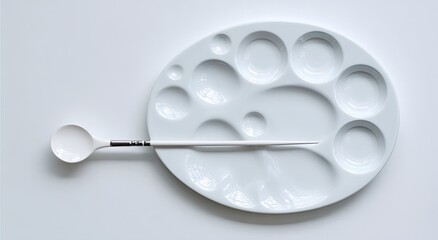 A pristine white ceramic artist's palette, oval-shaped, is positioned on a white surface. A matching white spoon and a paintbrush rest diagonally across it